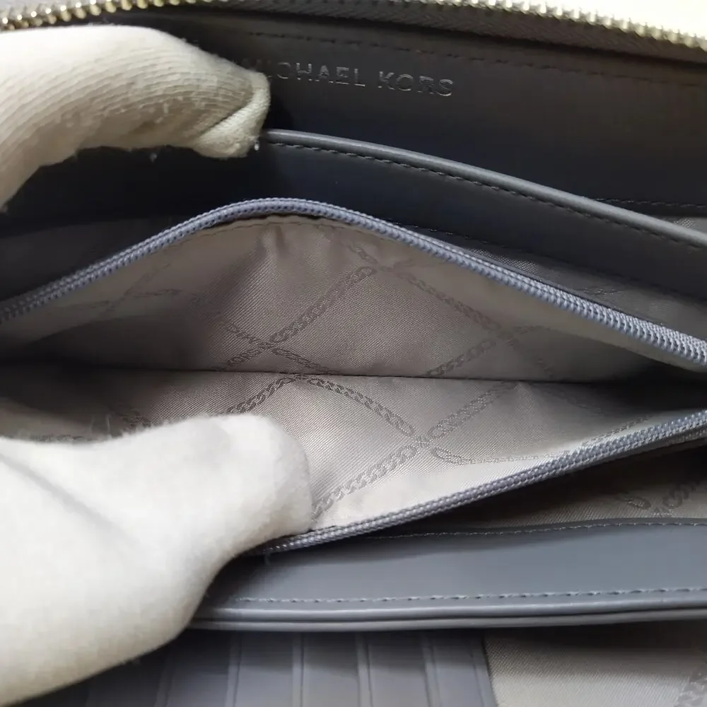 Michael Kors Gray Crossgrain Leather Zip Around Credit Card Wallet